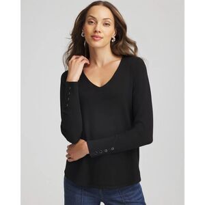 Chico’s Ella Black V-Neck Pullover Sweater Size 1 Medium Stud Sleeve Detail